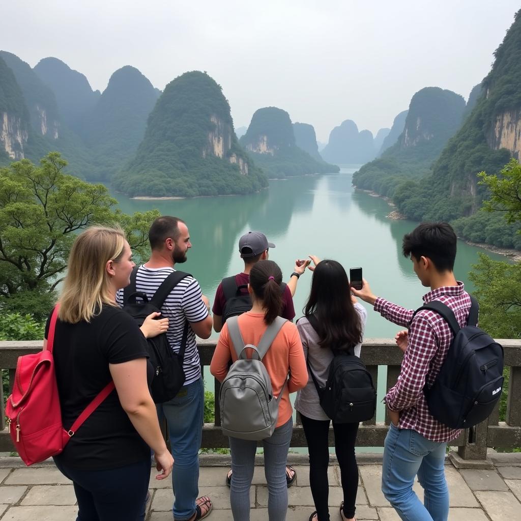 Khách du lịch khám phá Hang Làng Trại, chụp ảnh lưu niệm cùng bạn bè