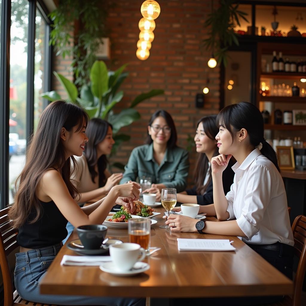 Khách hàng đang thưởng thức cà phê trong không gian ấm cúng của Cà phê Phố Cổ Thanh Hóa