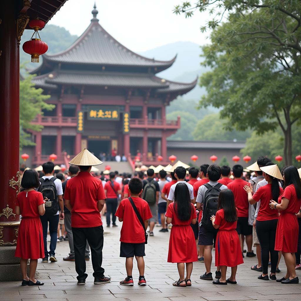 Du khách tham quan và cầu nguyện tại Phủ Na Thanh Hóa trong trang phục truyền thống