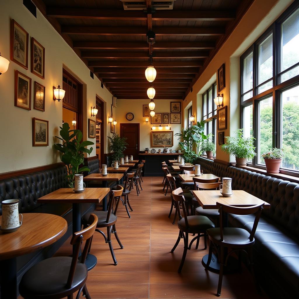 Không gian quán cà phê Phố Cổ Thanh Hóa với cách trang trí cổ kính, tạo cảm giác hoài niệm về quá khứ