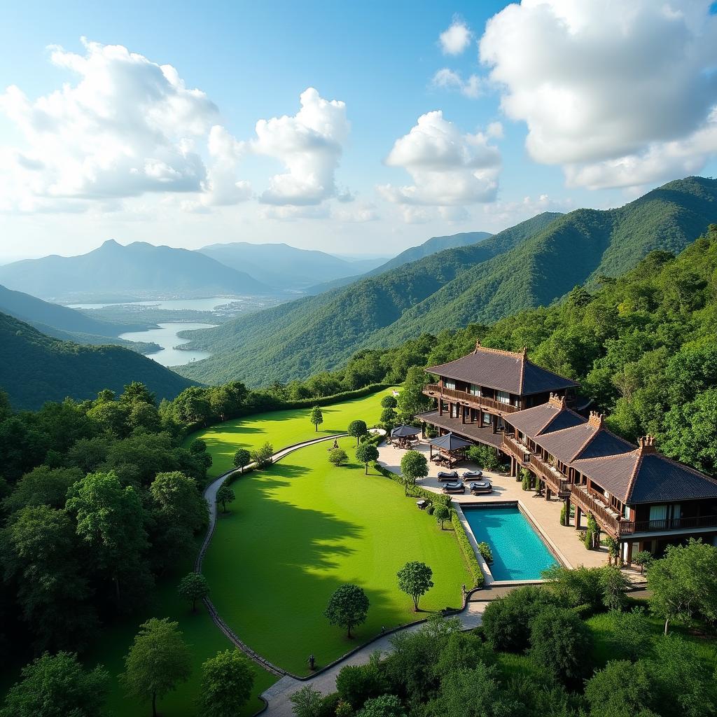 Toàn cảnh khu nghỉ dưỡng Pù Luông Retreat Thanh Hóa nhìn từ trên cao vào một ngày nắng đẹp