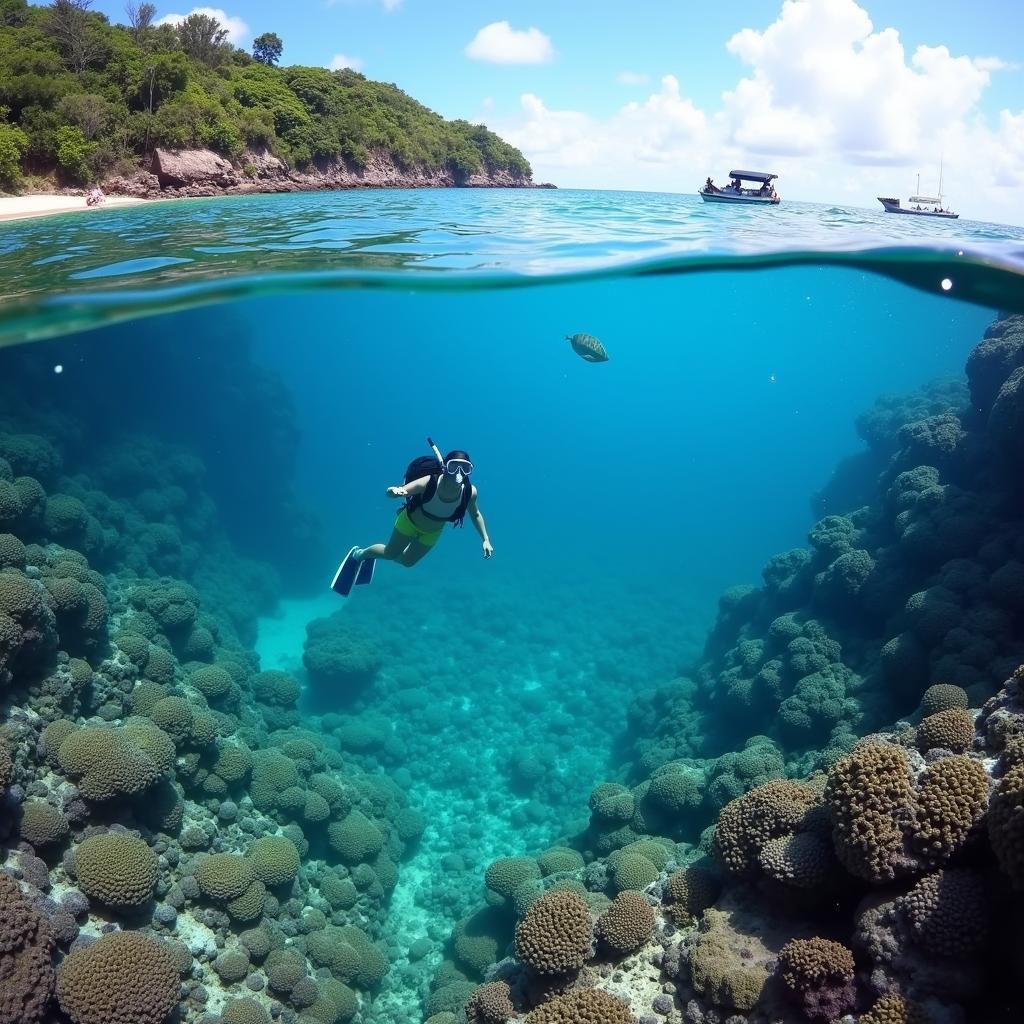 Du khách lặn ngắm san hô đầy màu sắc tại đảo Hòn Nẹ, Thanh Hóa với nước biển trong xanh