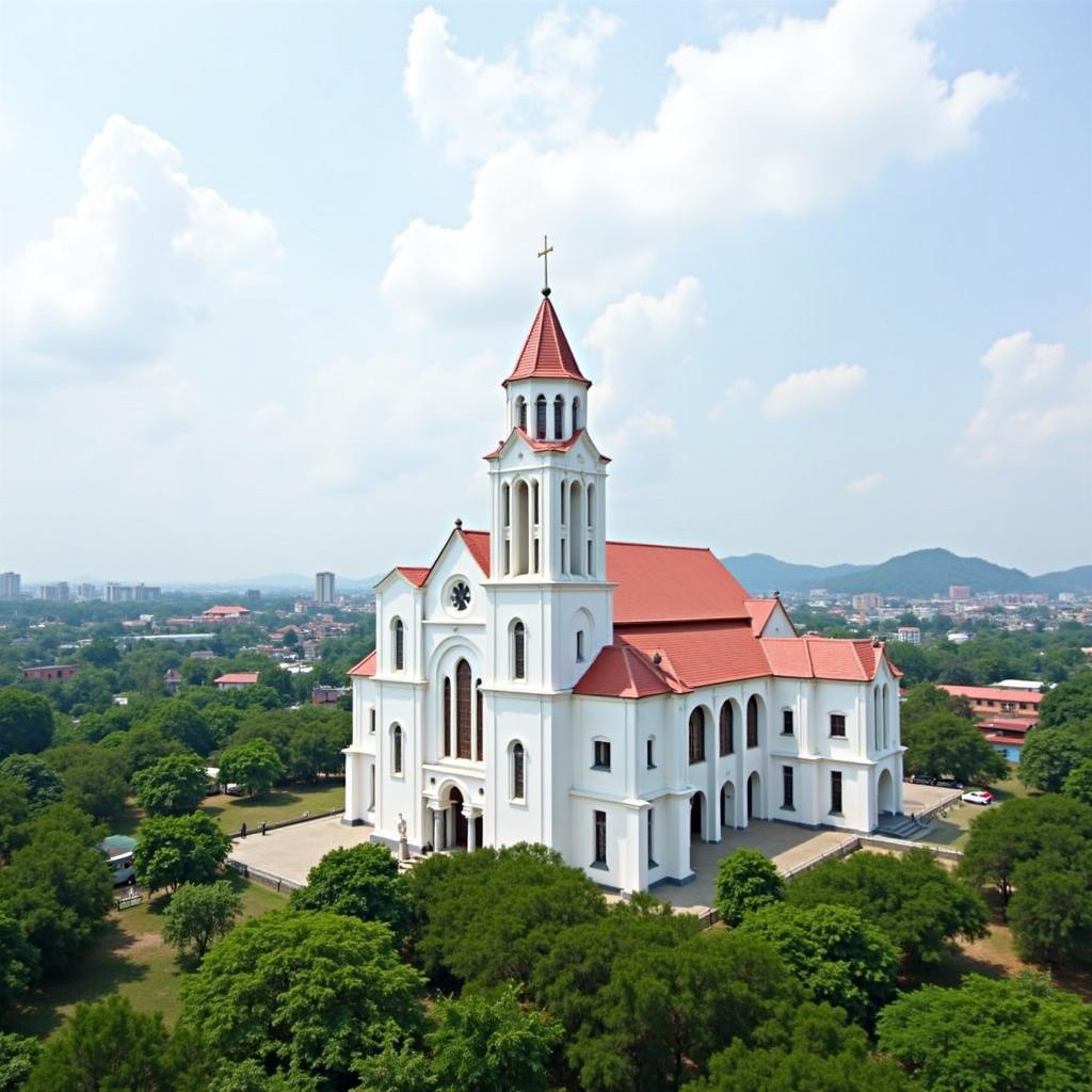 Toàn cảnh nhà thờ chính tòa Thanh Hóa từ xa, cho thấy quy mô và kiến trúc tổng thể