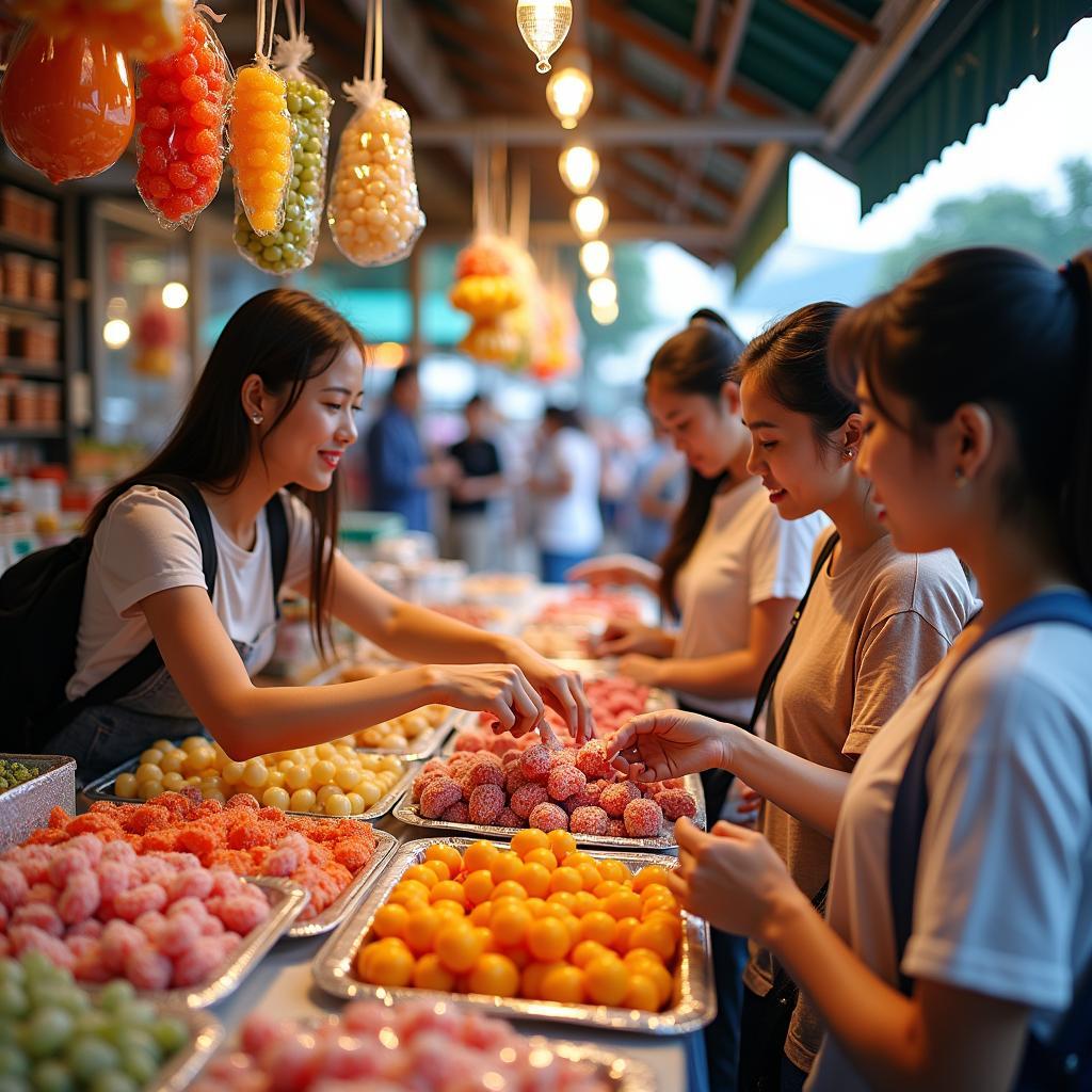 Khách du lịch mua kẹo dừa Hải Hòa làm quà khi đến Thanh Hóa