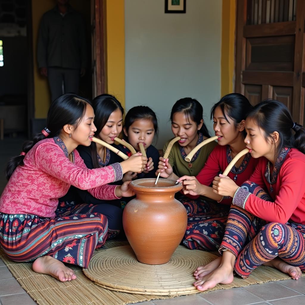 những người dân tộc Thái đang cùng nhau thưởng thức rượu cần Pù Luông trong dịp lễ hội