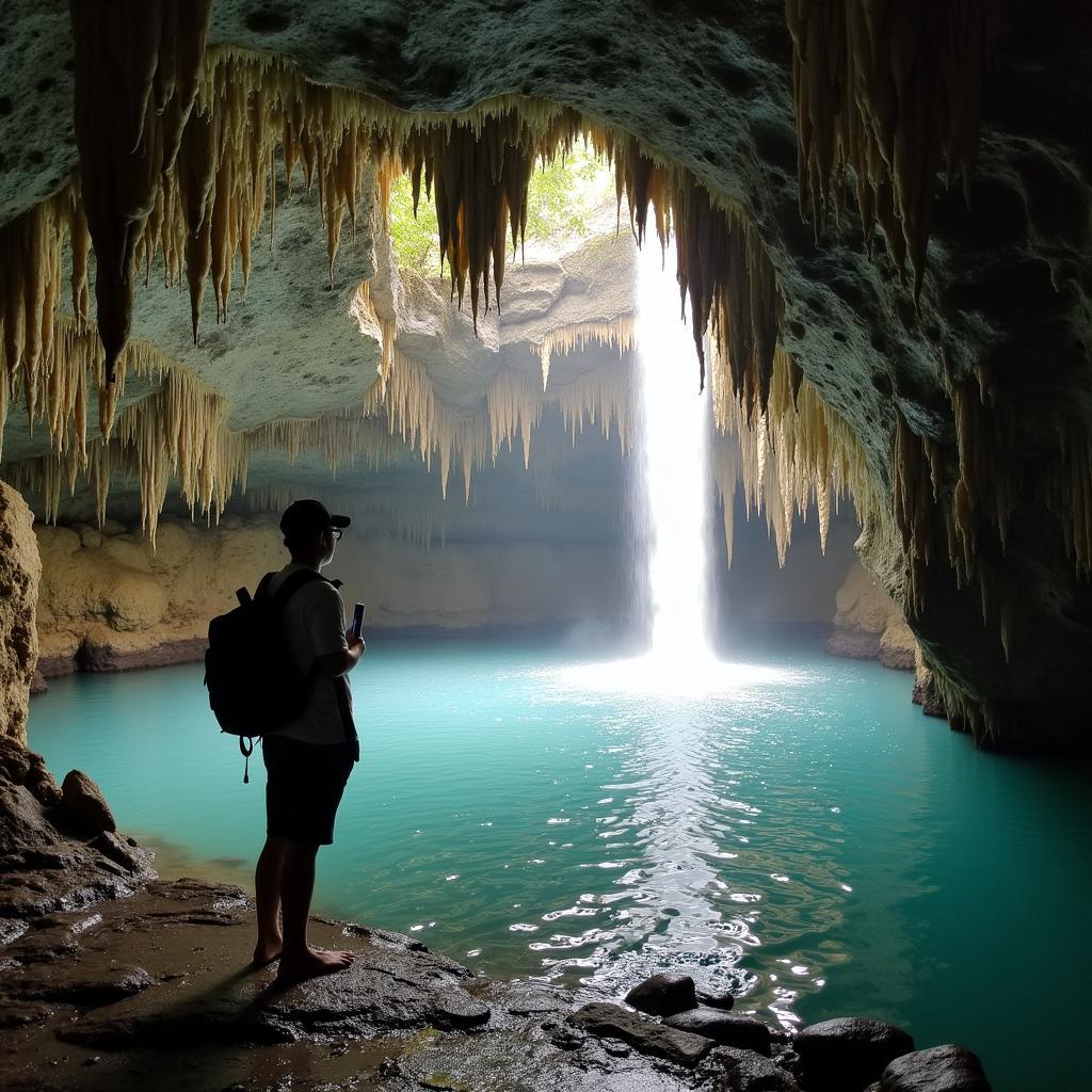 Tham quan Hang Làng Trại Bá Thước, chiêm ngưỡng dòng nước chảy trong hang, xung quanh là những khối nhũ đá