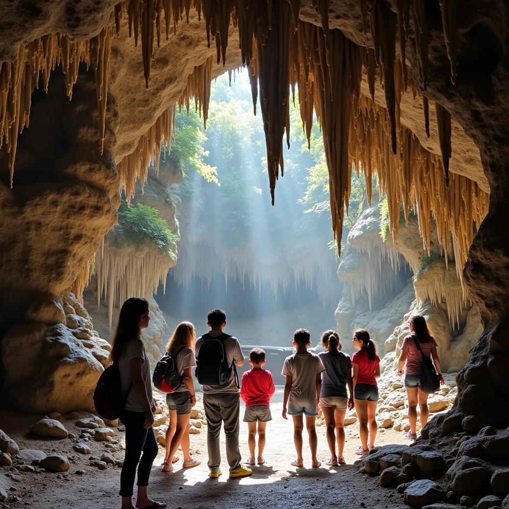 Du khách vui vẻ khám phá các hang động bên trong núi Tượng