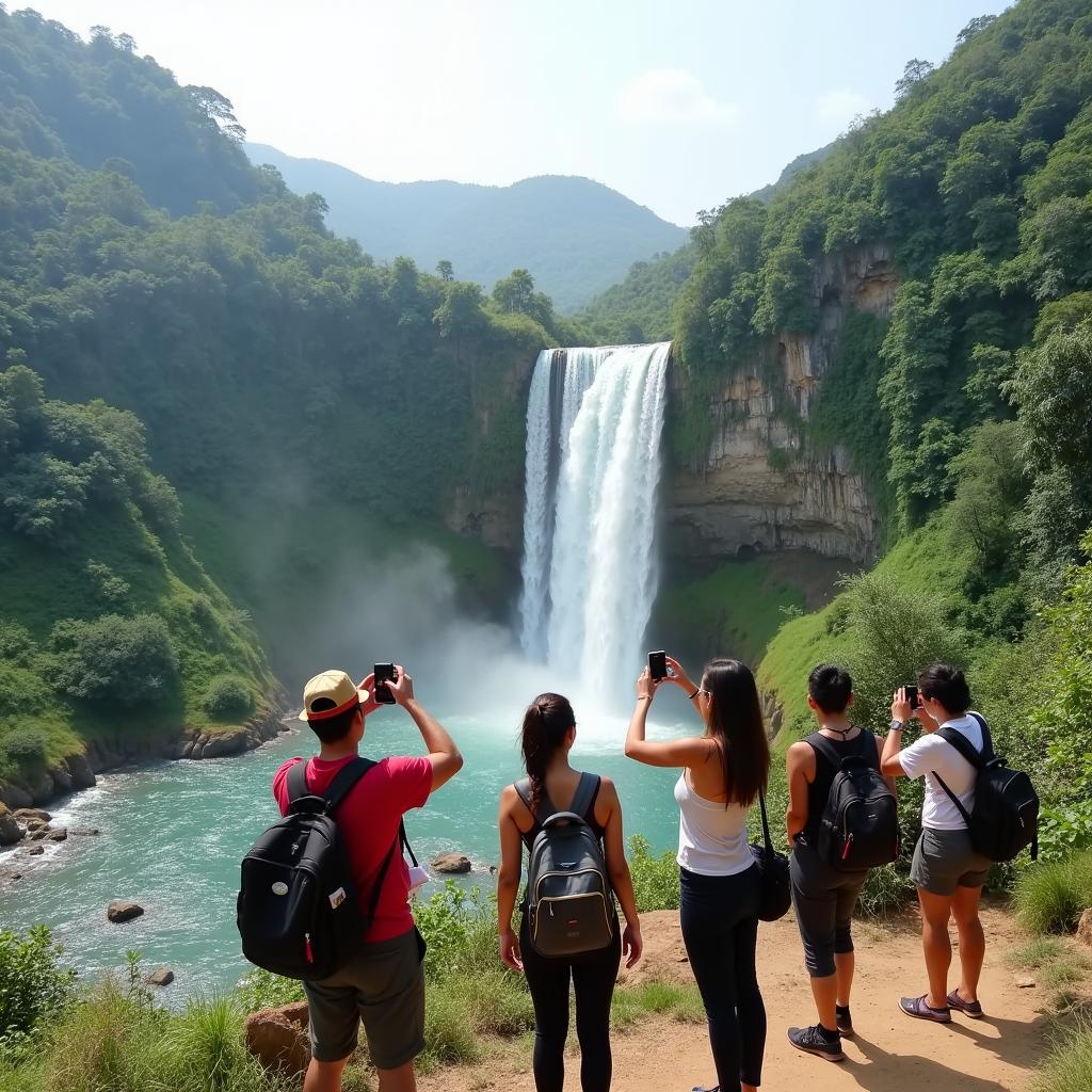 Du khách tham quan và chụp ảnh tại Thác Mục Ni Bá Thước Thanh Hóa
