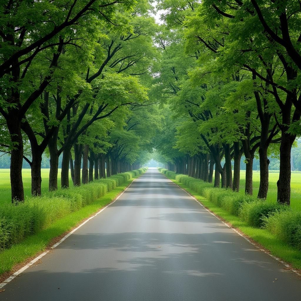 Đường vào làng cổ Đông Sơn Thanh Hóa với hàng cây xanh mát hai bên đường