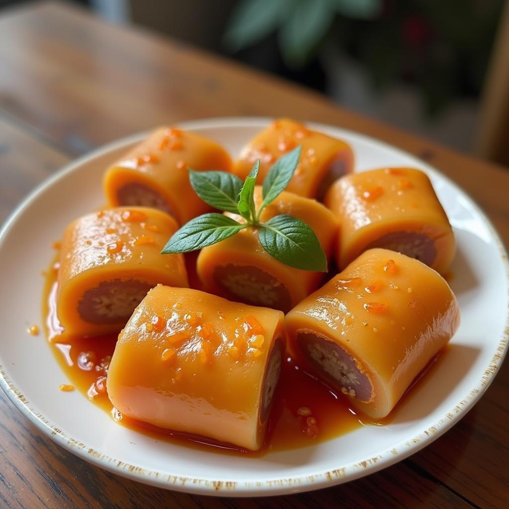 Món nem chua Thanh Hóa được bày trên đĩa với màu sắc hấp dẫn