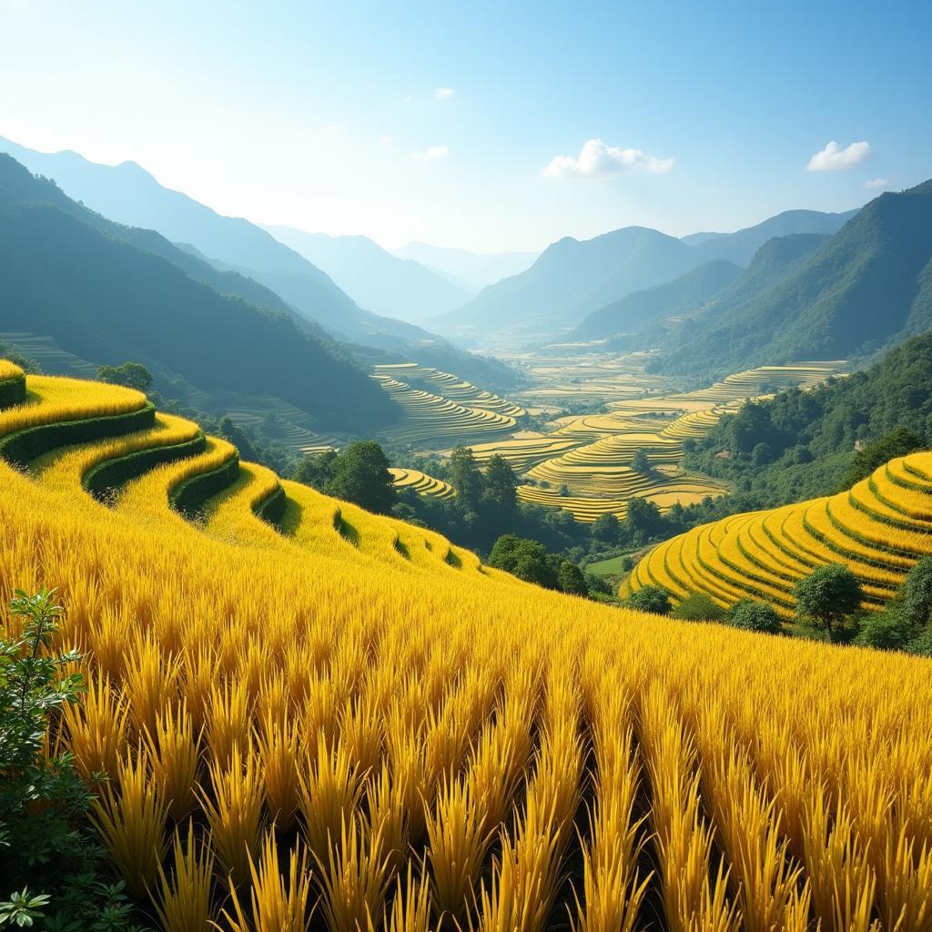 Khung cảnh tuyệt đẹp của ruộng bậc thang Bản Lác vào mùa lúa chín
