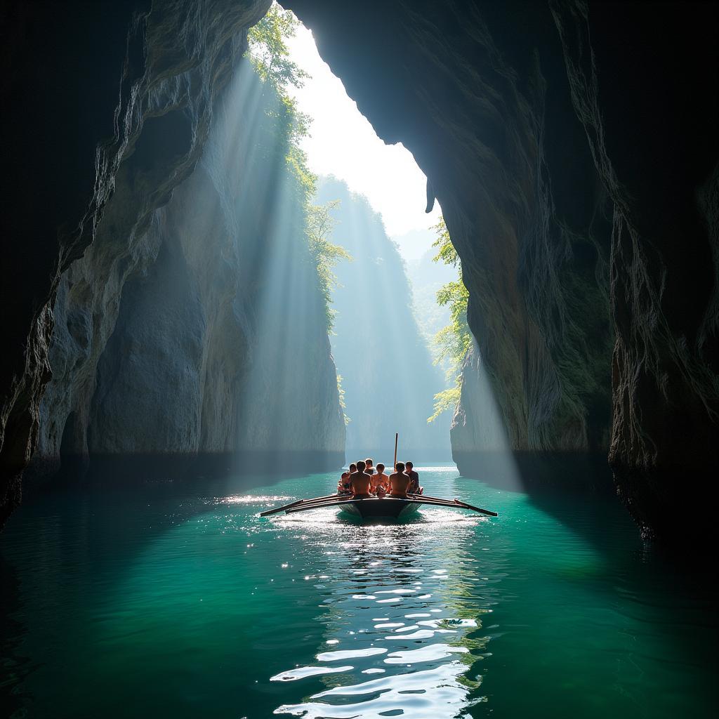 Thuyền nhỏ chở khách du lịch trong Hang Luồn