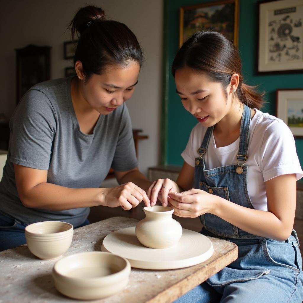 Du khách trải nghiệm tự tay nặn gốm dưới sự hướng dẫn của nghệ nhân tại Làng nghề gốm Bát Tràng Thanh Hóa